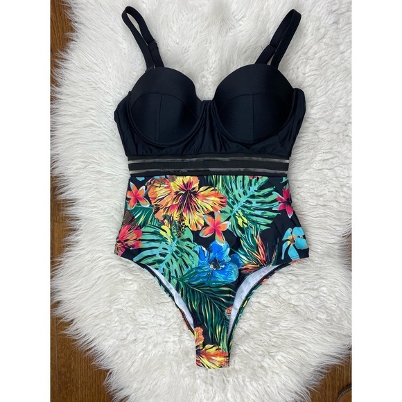 NWOT Shein M Black Tropical Floral One-Piece Swimsuit - Picture 1 of 7